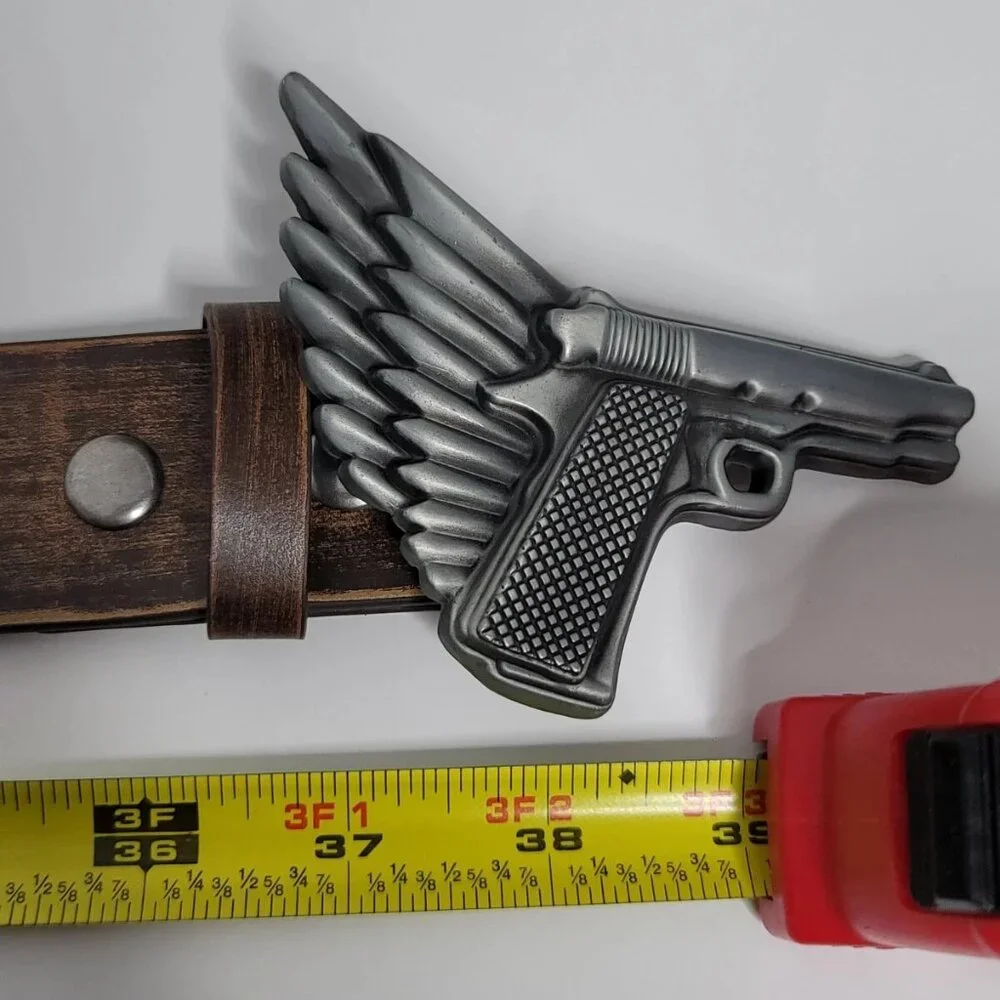 Leather Belt Sz Small 32 Gun Pistol Wings Buckle Brown Embossed‎ Studded Western